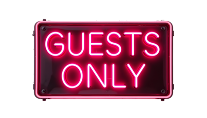 Neon-style "GUESTS ONLY" sign with bold glowing pink letters set inside a sleek black frame, electric light effect, isolated PNG image on white background for private areas, events, or clubs