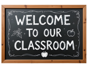 Chalkboard "WELCOME TO OUR CLASSROOM" sign with hand-drawn white chalk lettering, apple doodle, and rustic wooden border, isolated PNG image on white background for school or teacher decor