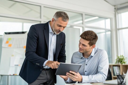  Professional Businessmen Collaborating on Digital Tablet in Office
