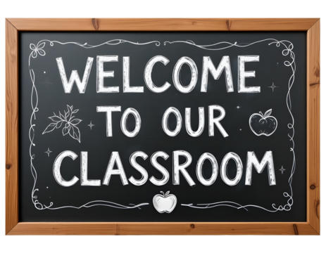 Chalkboard "WELCOME TO OUR CLASSROOM" sign with hand-drawn white chalk lettering, apple doodle, and rustic wooden border, isolated PNG image on white background for school or teacher decor