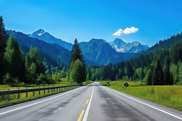 Fototapeta premium Alpine road trip in Austria surrounded by summer greenery and blue skies