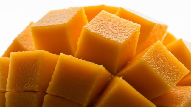Close up progressive views of freshly diced ripe mango cubes showcasing vibrant orange texture and