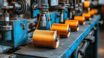 Coil factory, High-tech coil winding machine for fine copper wire production.