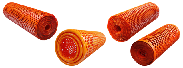 Collection of five rolled up orange plastic mesh sheets