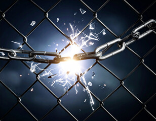 Broken chain link on metal fence illustrates vulnerability and security breach in a dark, foreboding setting at night