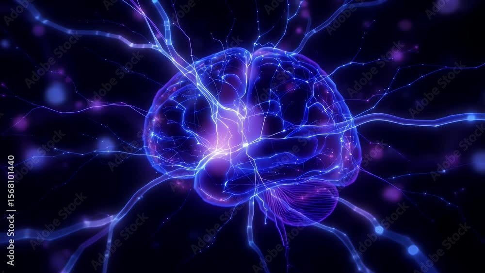 Poster brain activity: neural network simulation with glowing synapses and electric impulses