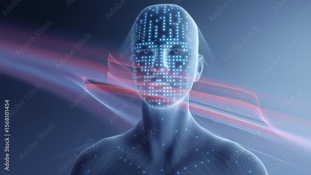 Poster futuristic digital human figure with glowing lines and abstract light trails, representing advanced 