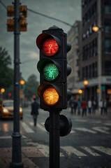 Traffic light displaying red and green signals on a rainy urban street with pedestrians in the background
