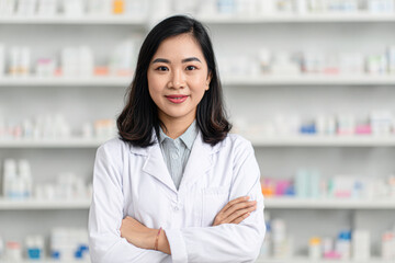 A confident female pharmacist stands with arms crossed in a pharmacy, wearing a white lab coat and smiling at the camera.