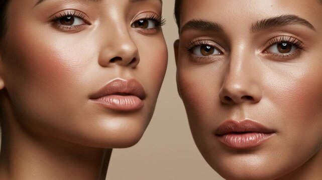 Close up portrait of two diverse women faces high quality studio photography neutral tones beauty diversity suitable for editorial and commercial use