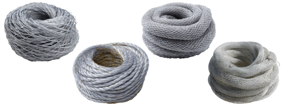 et of four coiled grey ropes and nets
