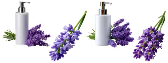 Set of two white pump bottles with lavender flowers and two separate lavender sprigs