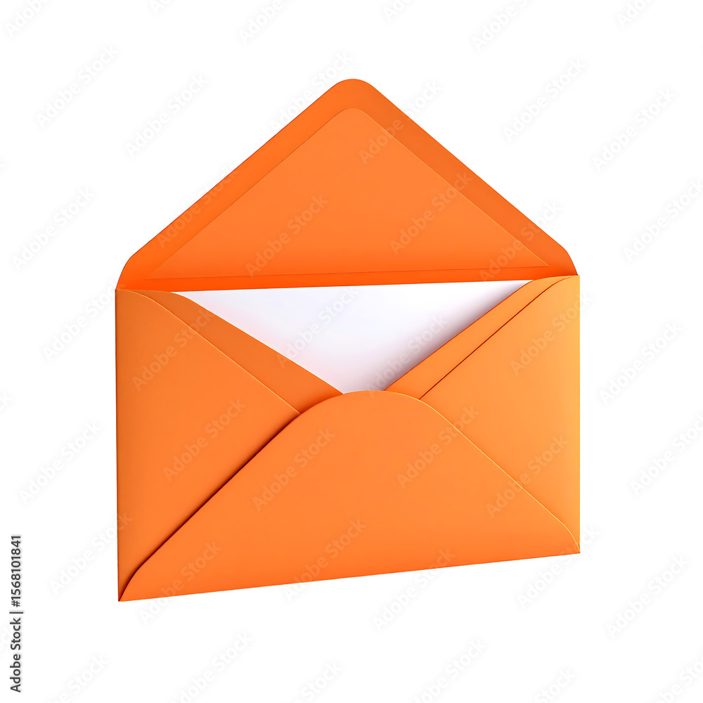 Poster floating orange envelope with curved flap and soft round shape on transparent background