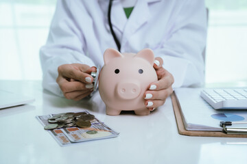 A doctor is performing a financial health check, using a stethoscope and a piggy bank to represent...