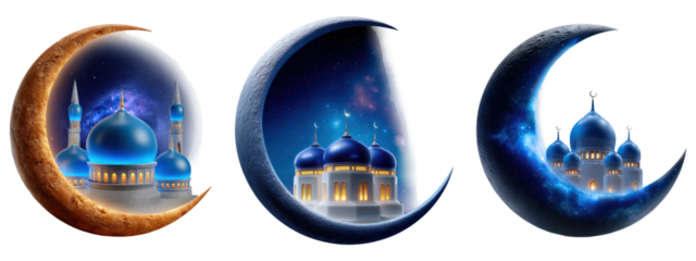 Set of three crescent moon designs with blue mosques and starry skies