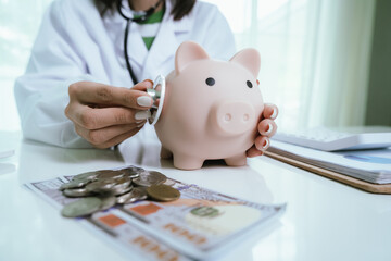 A doctor is performing a financial health check, using a stethoscope and a piggy bank to represent...