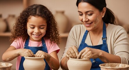 A grandmother and granddaughter joyfully create pottery together, their faces smeared with clay, a heartwarming scene of shared creativity and family bonding in a pottery studio.