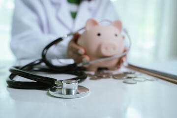 A doctor is performing a financial health check, using a stethoscope and a piggy bank to represent budgeting, savings, investing, insurance, and overall health and economic security.