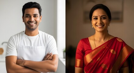 Fototapeta premium Smiling couple, a man in a white shirt and a woman in a vibrant red sari, exude warmth and happiness. Their confident poses suggest success and contentment.