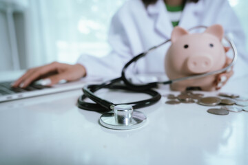 A doctor is performing a financial health check, using a stethoscope and a piggy bank to represent...