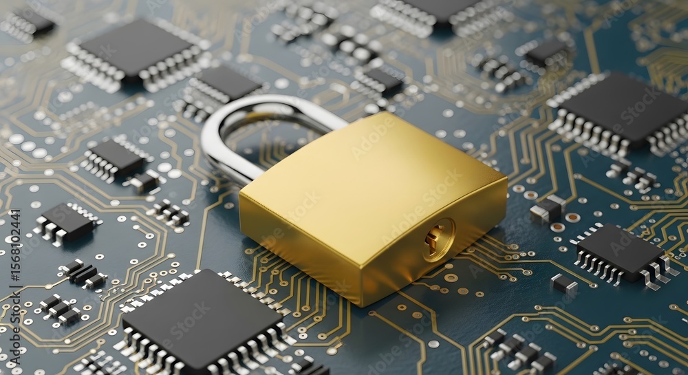 Poster digital security a golden padlock rests on a circuit board, symbolizing robust data protection and t