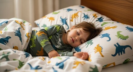 Young caucasian child sleeping in bed with dinosaur-themed bedding