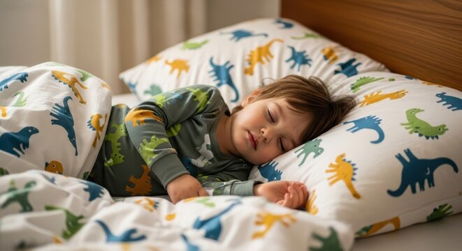 Young caucasian child sleeping in bed with dinosaur-themed bedding - Powered by Adobe