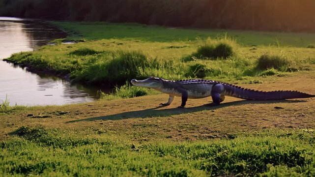 crocodile got out of water and is walking across grassy field. croc to be enjoying its time in open field. terrifying predator in search of prey. alligator in its natural environment