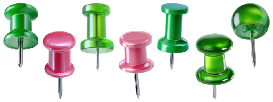 Collection of seven colorful push pins or thumbtacks in green and pink