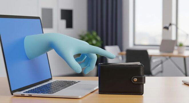 3d render of a hand reaching out of a laptop screen to steal a wallet, a concept for online theft, hacking and financial cybercrime