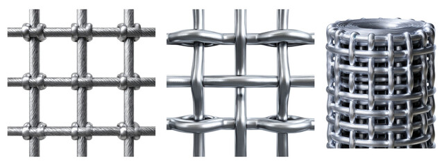 Set of three detailed views of woven metal mesh and rolled mesh