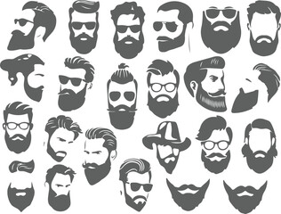 Collection of stylized male faces with beards and mustaches wearing sunglasses and hats isolated on transparent background  vector file eps 10