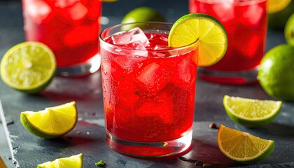 Refreshing red drinks with lime slices