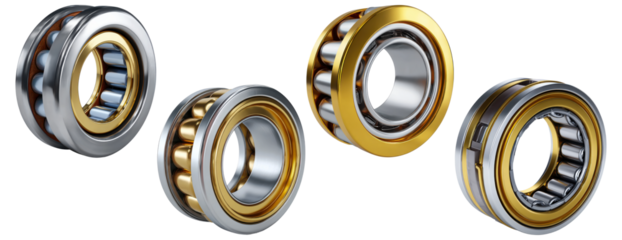Set of four shiny metal and golden industrial bearings