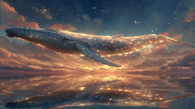 幻想的な空を飛ぶ輝くクジラ｜Glowing Whale Flying in a Dreamy Sky