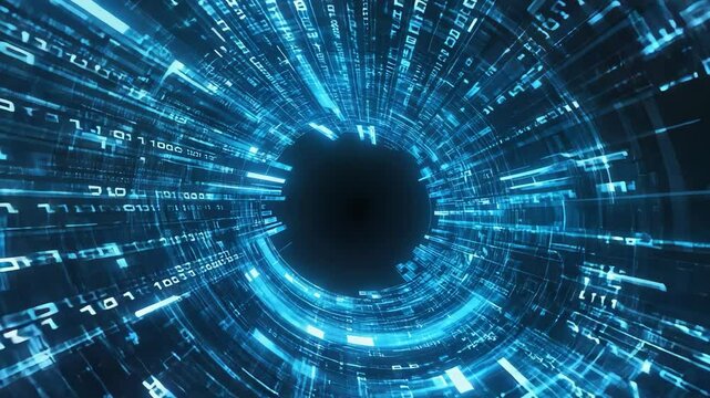 Experience a journey through a digital tunnel of flowing data and light patterns