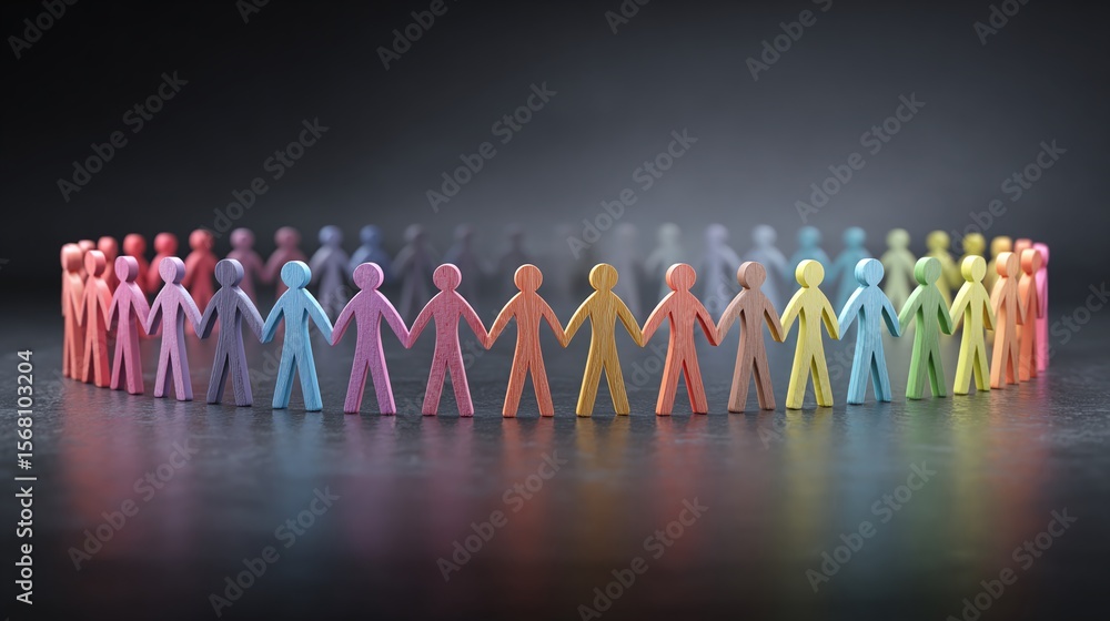 Poster a circle of colorful paper figures hold hands against a dark background. the figures create a sense 