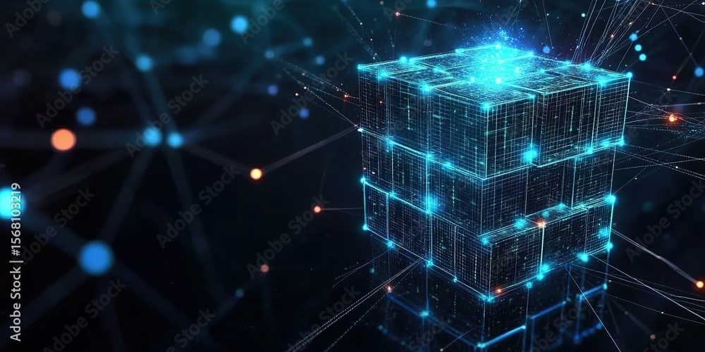 Poster multidimensional glowing data blocks with blue holographic flow, ai network connection in dark space