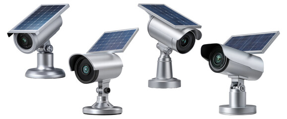 Set of four silver solar-powered outdoor security cameras with attached panels