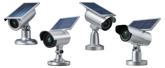 Set of four silver solar-powered outdoor security cameras with attached panels