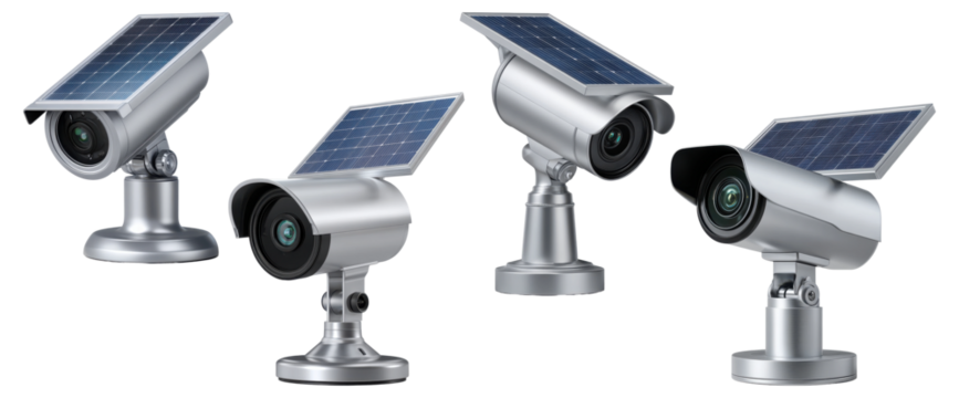 Set of four silver solar-powered outdoor security cameras with attached panels