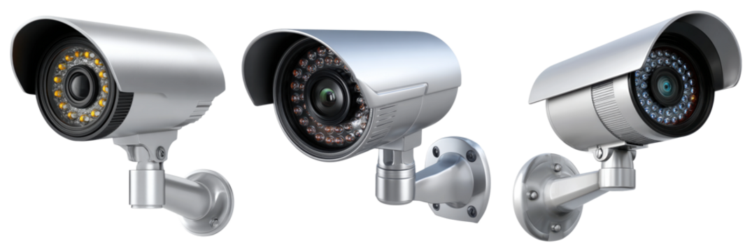 Set of three silver bullet-style outdoor security cameras with IR LEDs