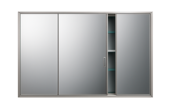 Wide mirrored cabinet for a master bathroom, featuring triple doors and adjustable shelving for customized storage solutions.