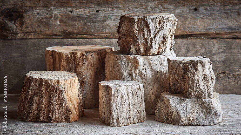 Poster rustic wood stump collection: stacked wooden blocks create a natural display with a textured backdro