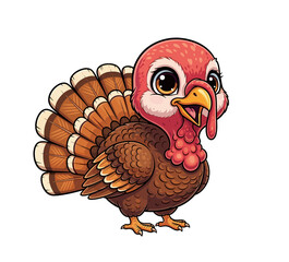 Cute cartoon turkey bird roaming free and happy on the farm - isolated white background chibi illustration