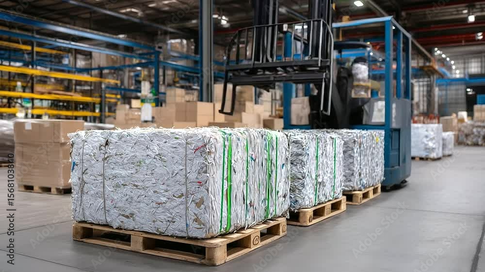 Poster close-up of recycled paper fibers visible on compressed bale surfaces stacked high in large processi