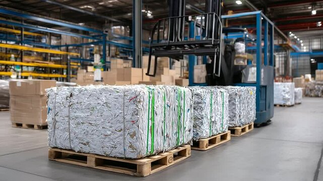 Close-up of recycled paper fibers visible on compressed bale surfaces stacked high in large processing warehouse, evoking texture and highlighting recycling&rsquo;s role in environmental