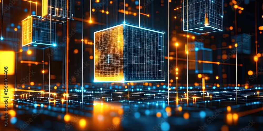 Aufkleber multidimensional glowing data blocks with blue holographic flow, ai network connection in dark space