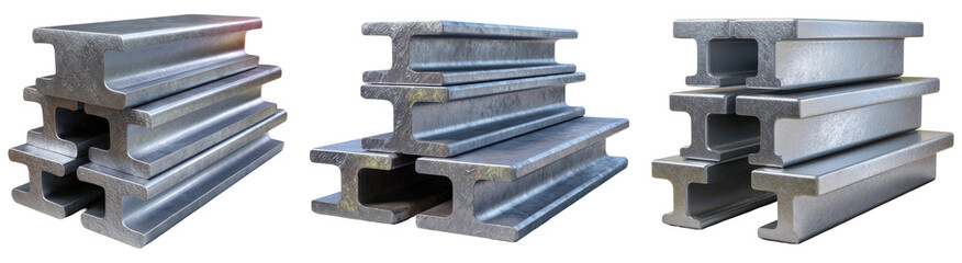 Set of three stacks of shiny metal I-beams for industrial construction