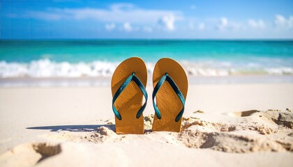 Flip-flops on beach sand, ocean view